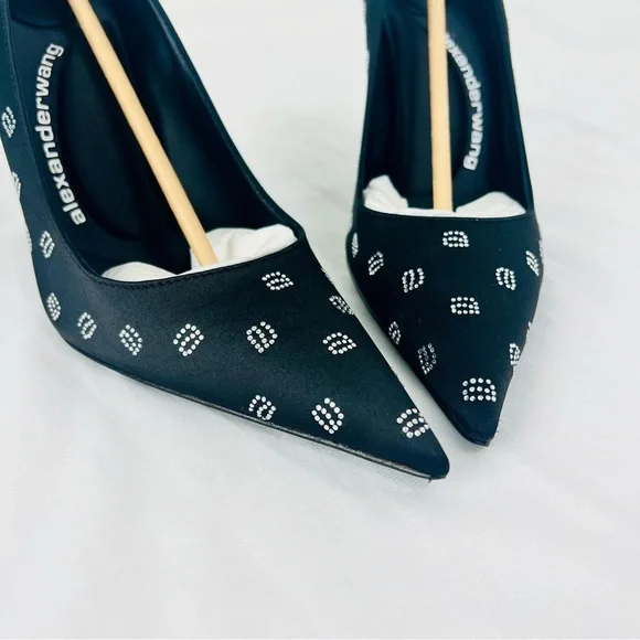 Alexander Wang Delphine Black Satin Crystal Logo Stiletto Pumps Heels 4” 39.5 - Picture 5 of 16